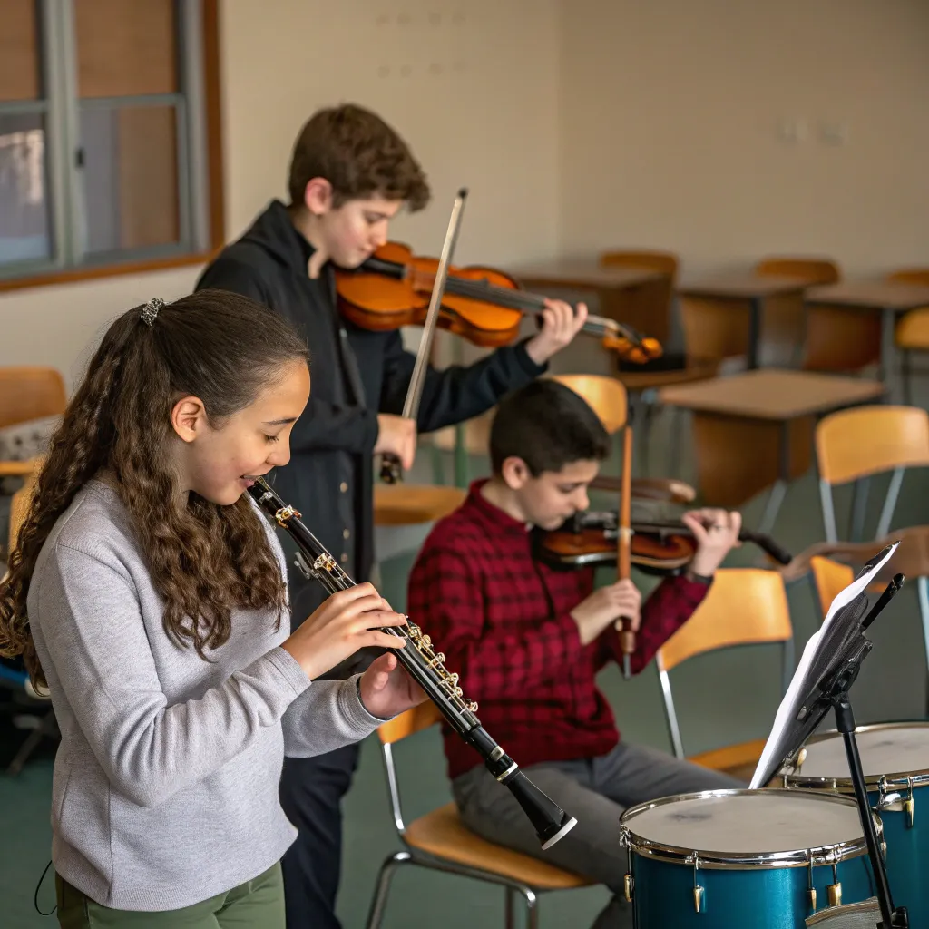 Students playing musical instruments